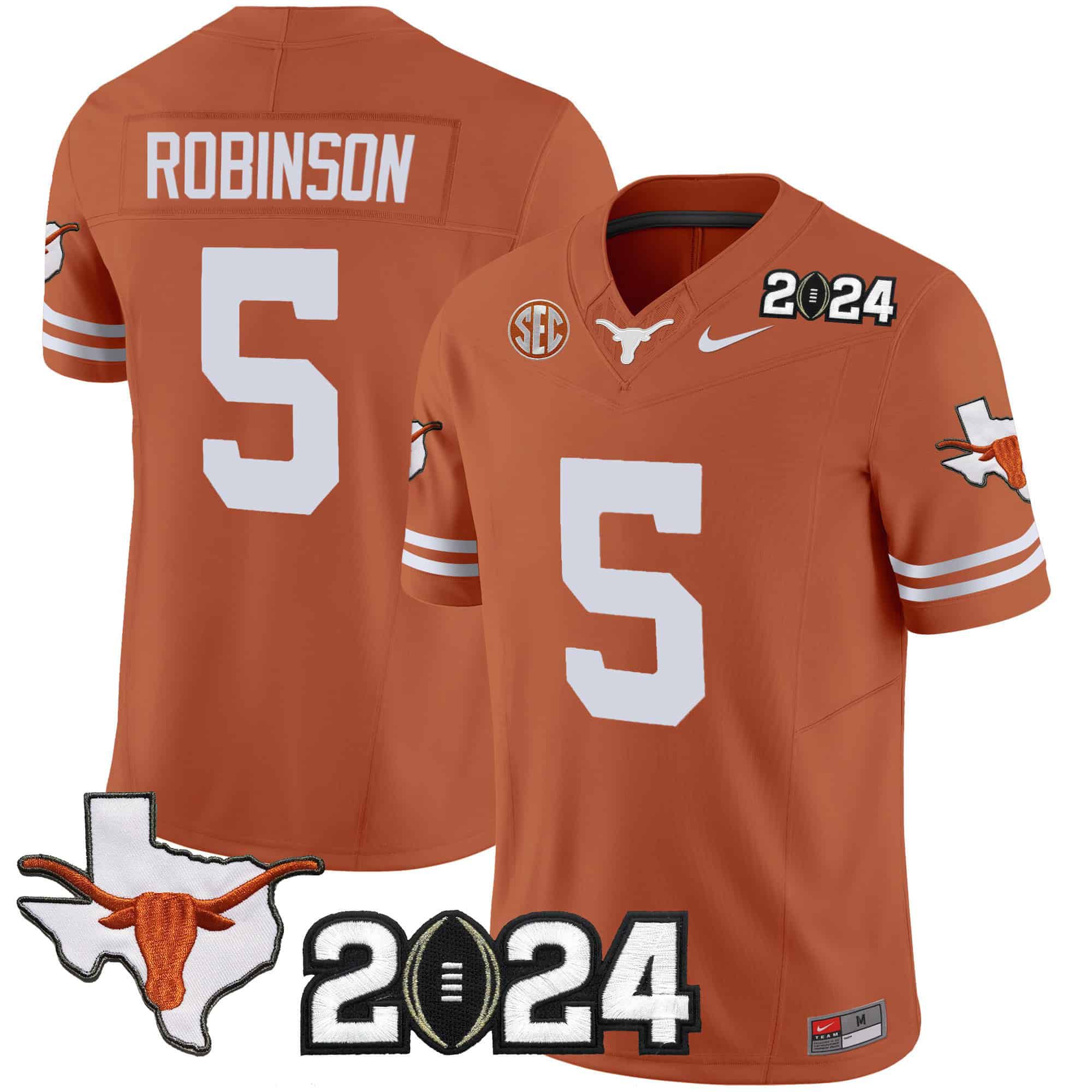 Men Texas Longhorns #5 Robinson Orange 2024 Nike Vapor Limited NCAA Jersey style 1